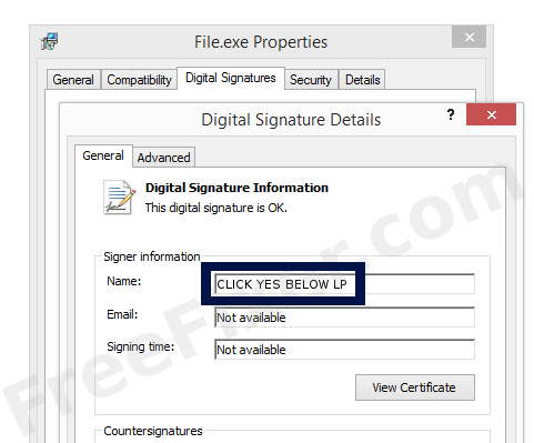 Screenshot of the CLICK YES BELOW LP certificate